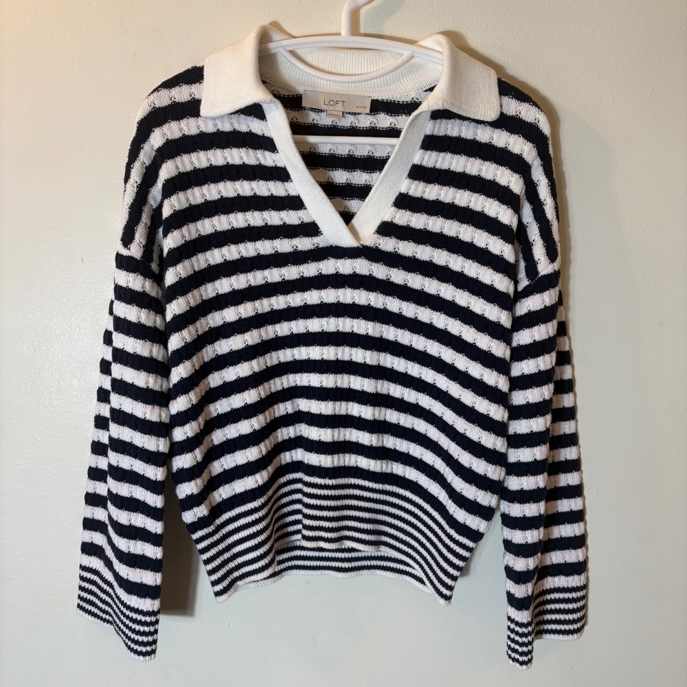 LOFT Striped‎ Polo Sweater Size XSP Navy White